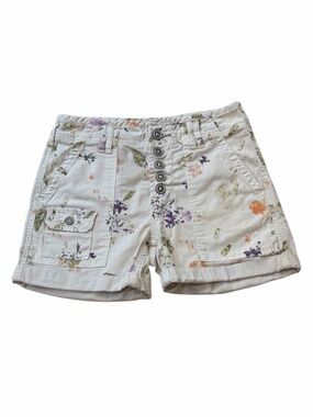 Pilcro Anthropologie Floral Button-Front Cotton Shorts - Cream